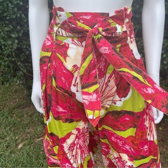 Ashley Stewart Boho Trop Print Wide Leg Ankle Puddle Hem Bag Waist Pants - Picture 2 of 12